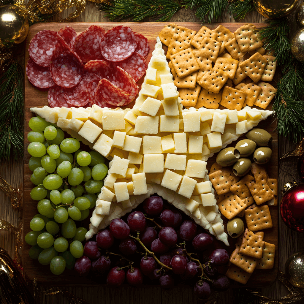 cheese cubes forming a star shape surrounded by grapes and meats and crackers