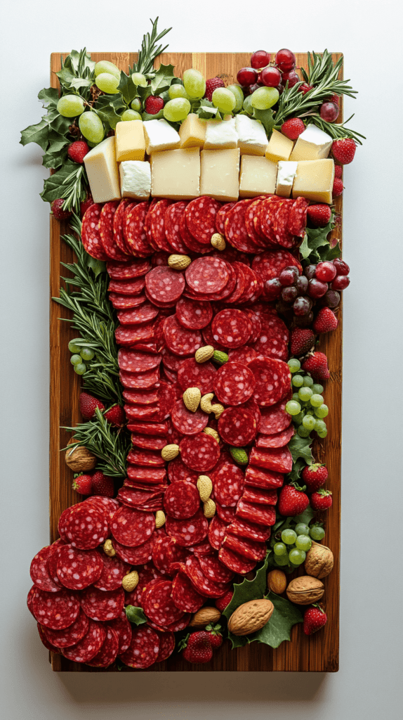 Realistic photo of a Christmas charcuterie board with food arranged in the shape of a Christmas stocking on a rectangular board. The body of the stocking is filled with red foods like sliced pepperoni and strawberries, while a row of white cheese cubes forms the cuff at the top. Small green accents, such as rosemary sprigs and green grapes, decorate the edges, with scattered festive treats like dried cranberries, nuts, and red and green candies around the stocking shape for a holiday touch.