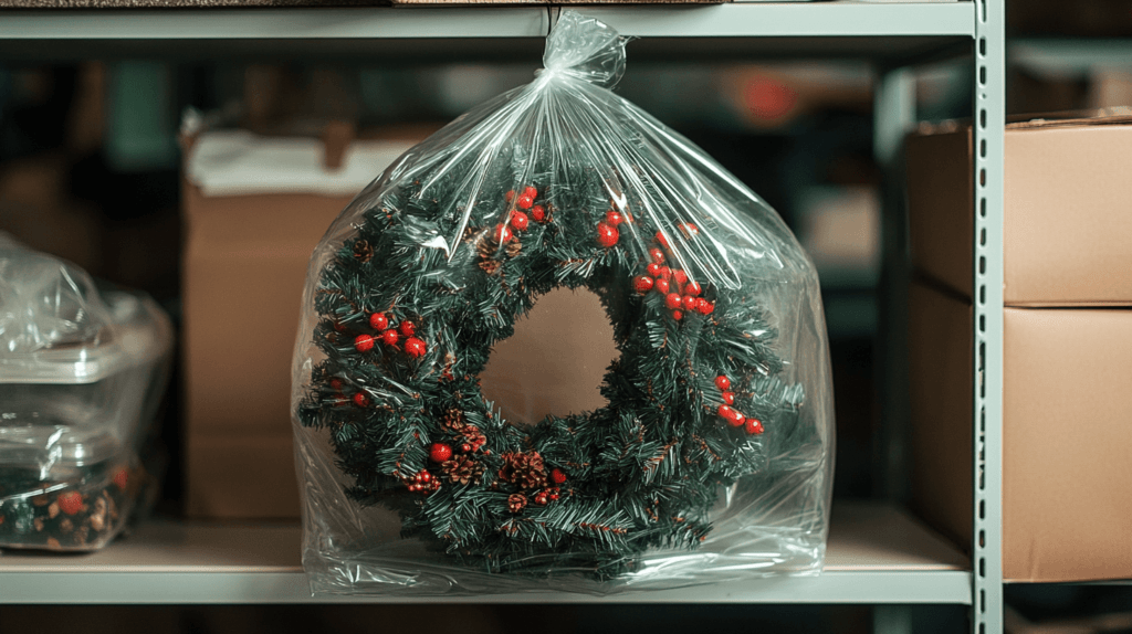 wreath stored in a plastic bag on a storage shelf with boxes