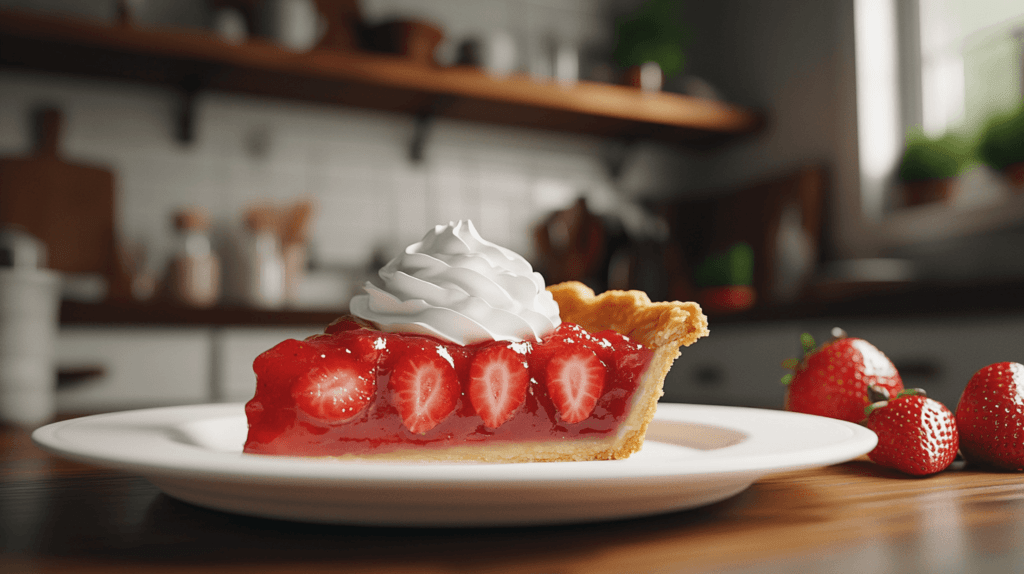 slice of strawberry pie with whipped cream topping