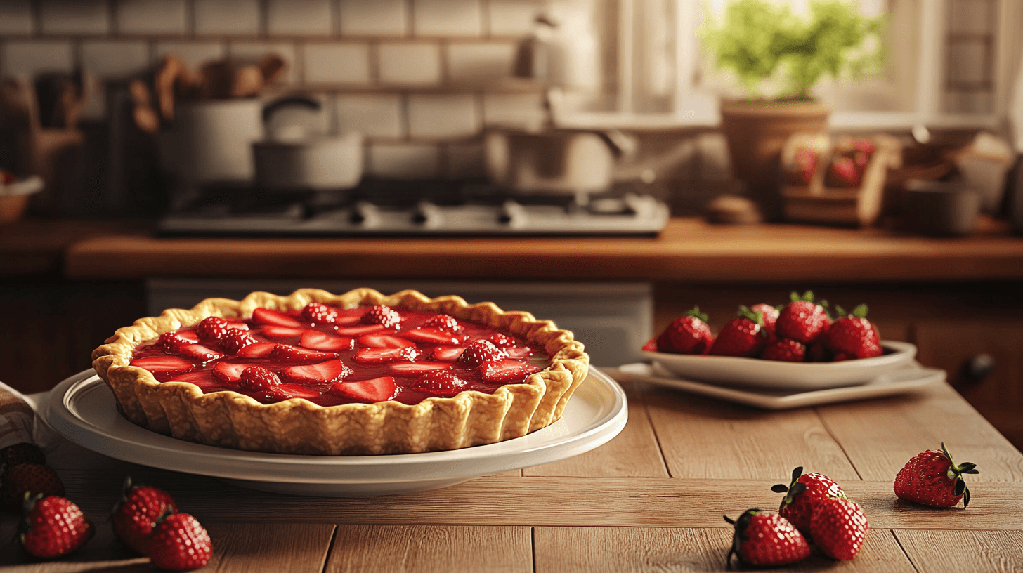 strawberry pie on a rustic kitchen counter