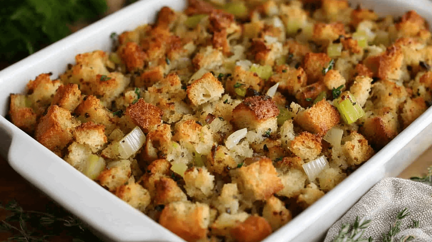 thanksgiving recipe stuffing in a white dish