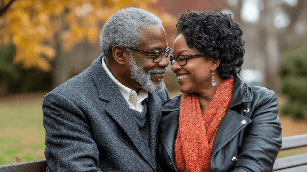 a happy black couple over the age of 60 sitting on a park bench closely and smiling at one another; faith quotes