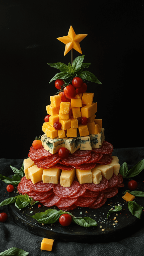 Realistic photo of a Christmas tree-shaped charcuterie board layered with fresh basil as a base, alternating layers of sharp cheddar cheese cubes and slices of salami, stacked to resemble a Christmas tree. The board has a star at the top made of cherry tomatoes, with small cheese stars throughout the "tree."