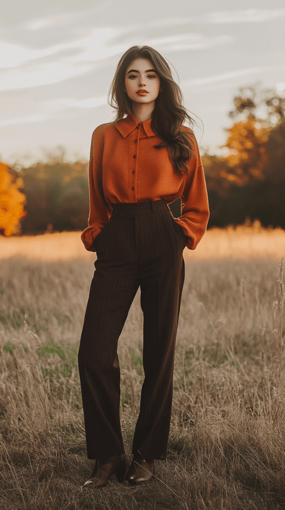 realistic photo of a woman wearing a cozy fall capsule wardrobe, featuring a pumpkin colored knit blouse, dark brown slacks, and ankle boots. She stands outdoors against a soft autumn background with warm, natural lighting.