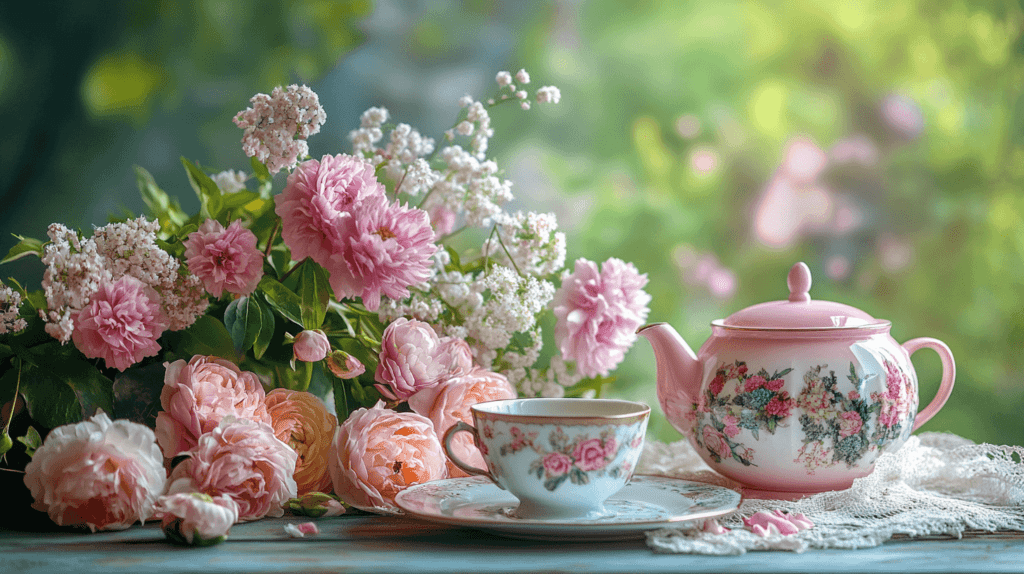 flowers on a table with vintage tea pot and cup