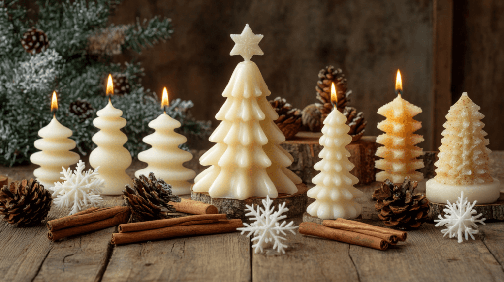 Realistic photo of handmade candles shaped as Christmas trees and snowflakes, surrounded by cinnamon sticks and pinecones on a rustic wooden table. 