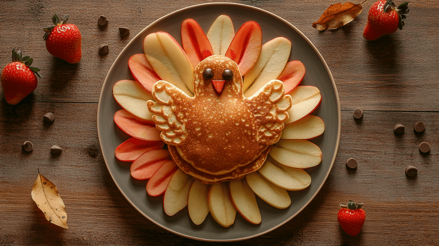 Realistic photo of turkey-shaped pancakes with fruit arranged as feathers, chocolate chip eyes, and whipped cream on top, served on a white plate.