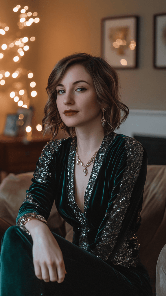 woman with a beautiful necklace and a velvet green dress