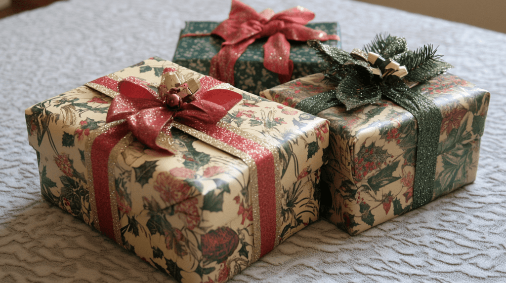 three beautifully wrapped presents