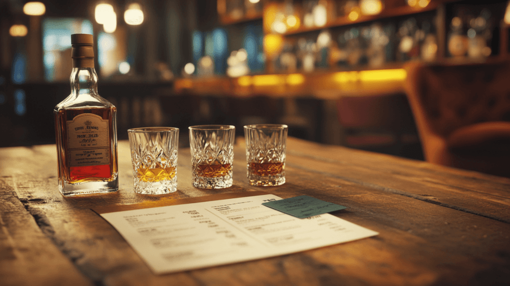 realistic photo of a whiskey tasting set on a rustic wooden table. The set includes three small whiskey bottles of different colors, two crystal whiskey glasses, and a tasting card with notes. A warm, cozy background with soft lighting gives a relaxed, inviting atmosphere. Soft focus background with a hint of vintage decor. 