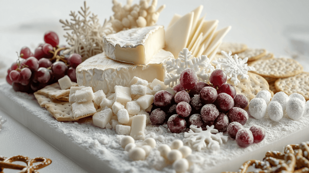 A winter-themed charcuterie board featuring an all-white and snowy look on a square board. White cheeses like Brie, goat cheese, and mozzarella are arranged with frosted grapes and sugared cranberries to resemble snow. Light-colored crackers and yogurt-covered pretzels add crunch, while small, snowflake-shaped cookies bring a whimsical winter touch.