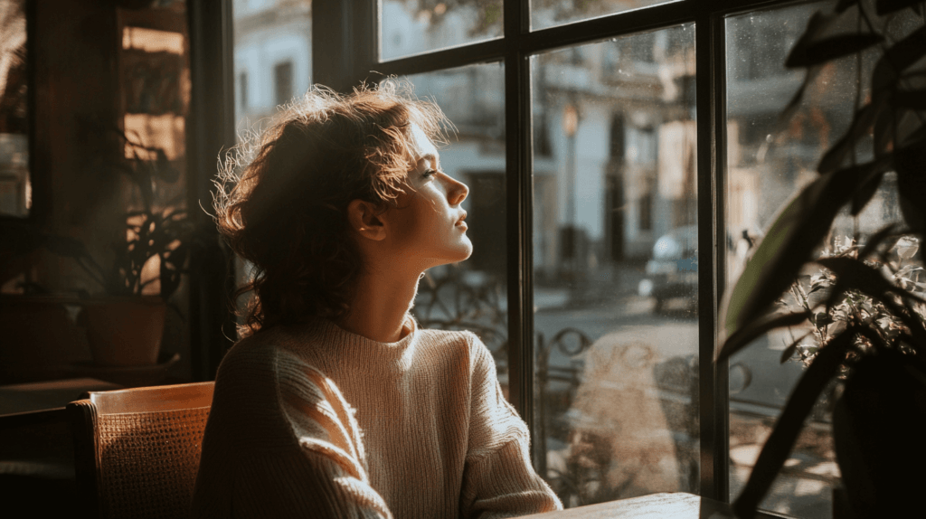 Realistic photo of a person sitting by a window in a cozy cafe, looking out with natural light highlighting their face, with soft shadows creating a warm and inviting atmosphere. 