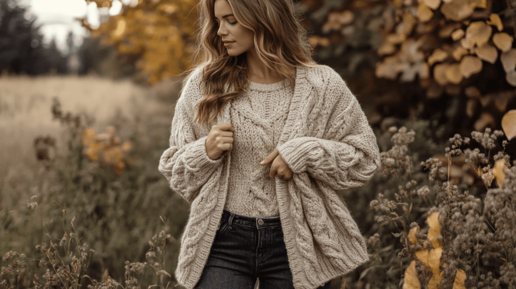 realistic photo of a woman wearing a cozy fall capsule wardrobe, featuring a neutral-toned chunky knit sweater, dark wash jeans, and ankle boots. She stands outdoors against a soft autumn background with warm, natural lighting, holding a light cardigan draped over her arm.