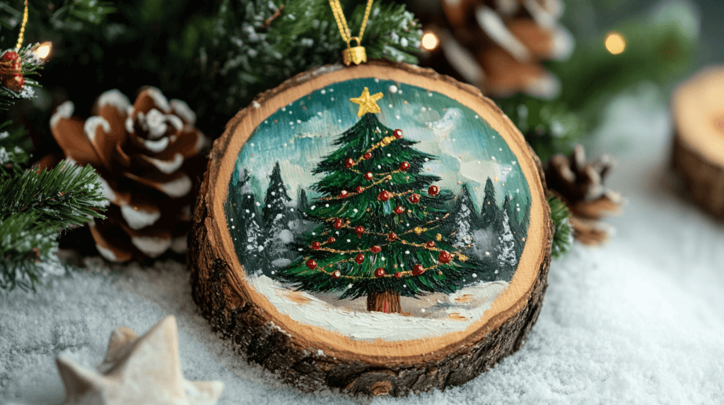 painted Christmas tree on a wood slice ornament