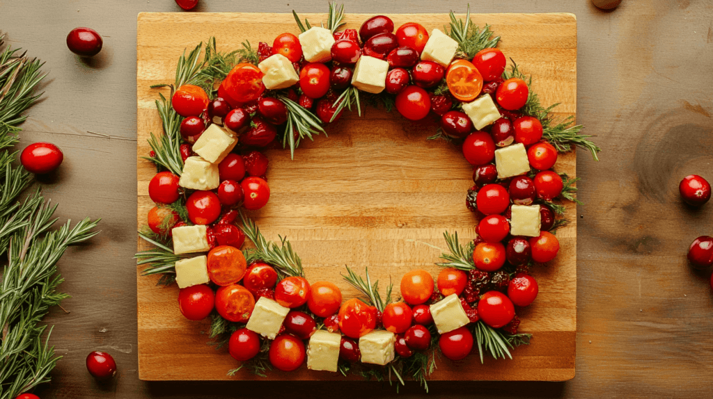 plentiful amounts of cherry tomatoes, cheese cubes, cranberries, and rosemary arranged like a Christmas circular wreath, with an empty hole in the middle, on a square wooden charcuterie board