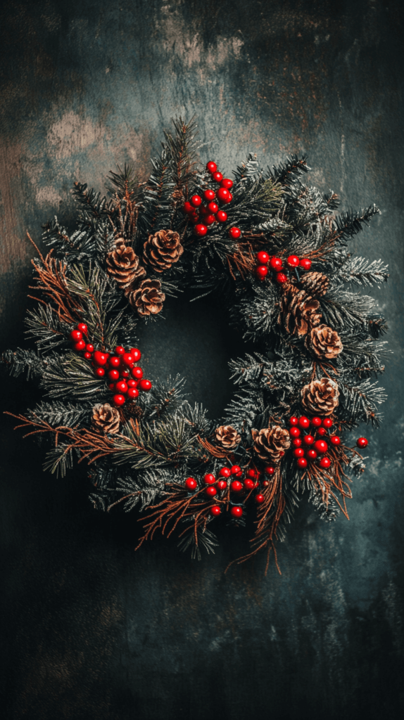 Realistic photo of a completed wreath made with real pinecones, red berries, and a large satin red bow, resting on a wooden tabletop with scattered evergreen leaves.