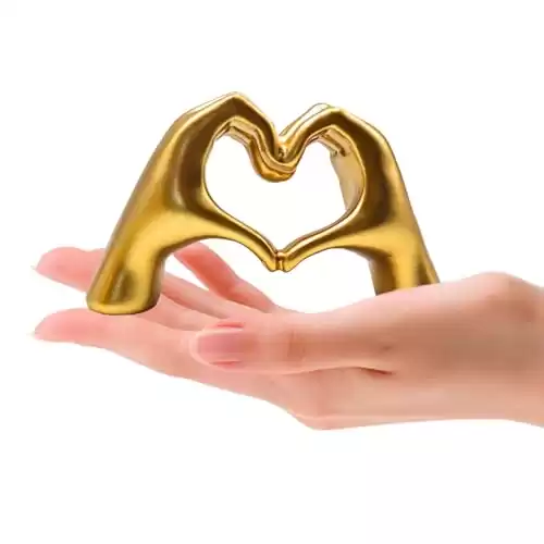 Small Gold Heart Hands Sculpture Decor, Resin Golden Modern Abstract Love Finger Statue, Gold Hand Model Decoration for Home Living Room Bedroom Bookshelf Shelves Wedding Office Desk Table 2.8 H