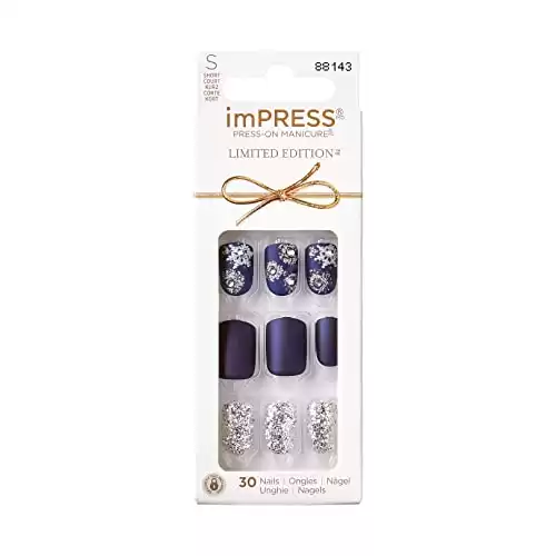 KISS imPRESS Limited Edition Holiday Press-On Manicure with PureFit Technology, Short Length, Square Shaped, Blue Press-On Nails, Style 'Feeling Pine