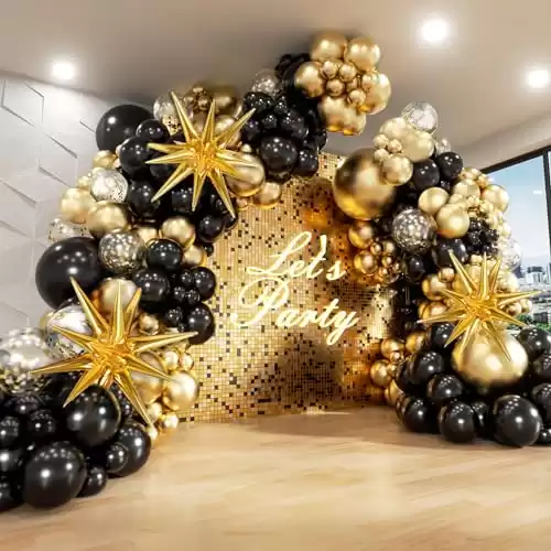 FOTIOMRG Black and Gold Balloons Garland Arch Kit, 5 10 12 18inch Black Gold Confetti Latex Balloons for 2024 Graduation New Year Anniversary Birthday Party Decorations