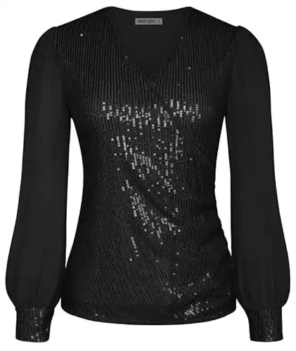 Womens Summer Fashion Sequin Tops Dressy Chiffon Long Sleeve Glitter Sparkly Shimmer Party V-Neck Blouses Black