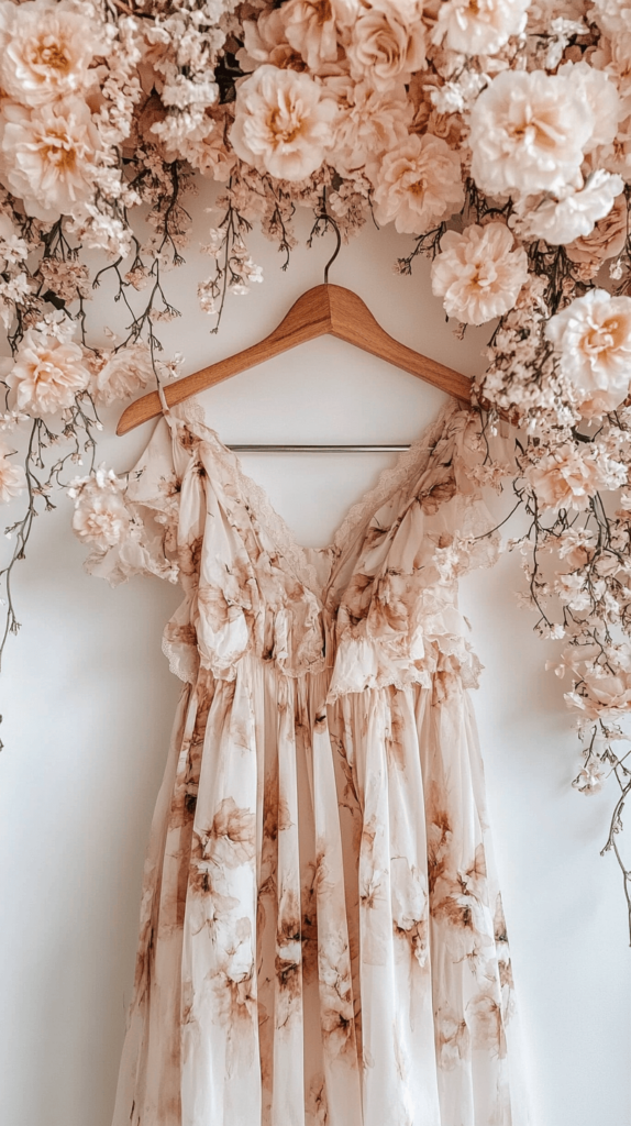 floral flowing dress on a wooden hanger