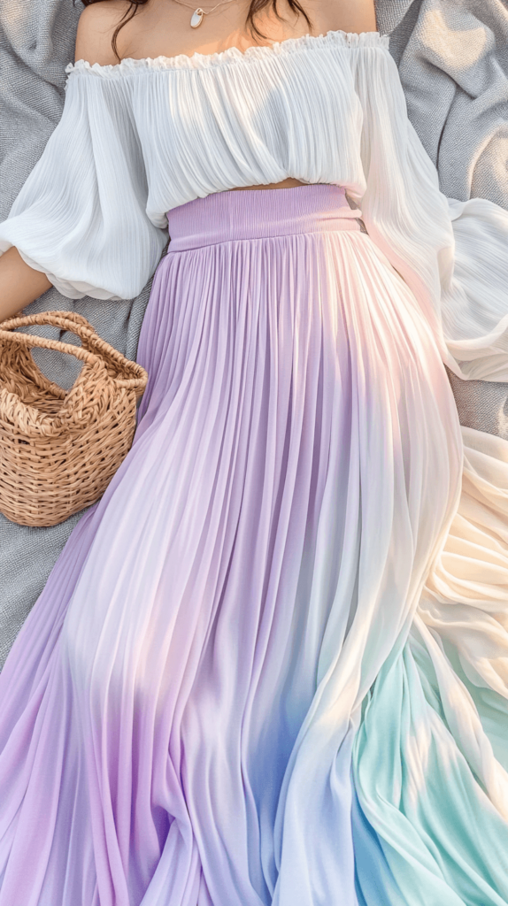 woman lying down with white top and pastel pleated skirt 