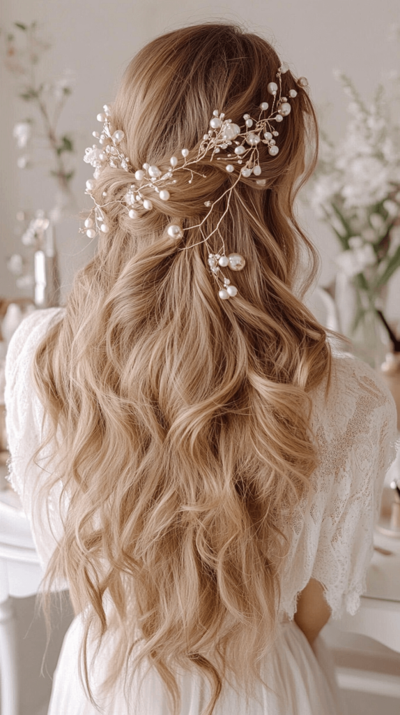 pearl hairpins in a wavy hair style