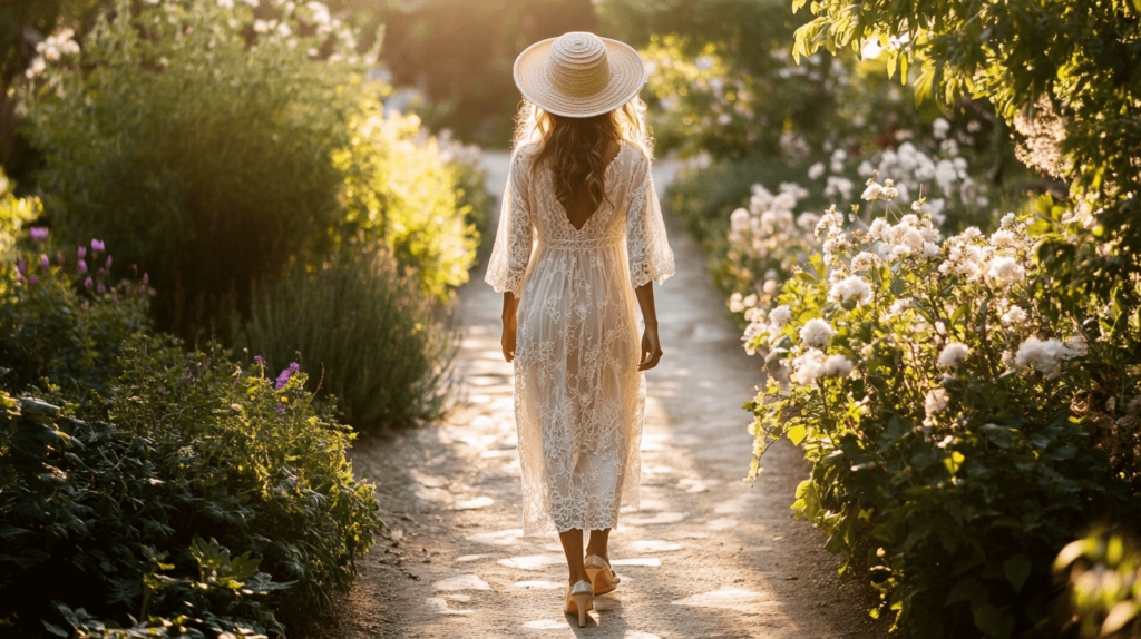 woman walking away wearing a hat; Tea Party Outfit Aesthetic