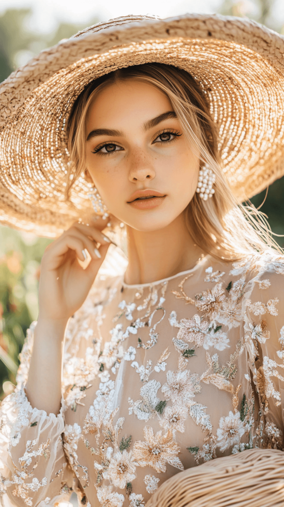 woman in a straw hat; Tea Party Outfit Aesthetic