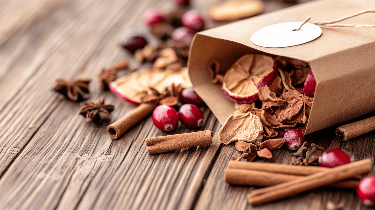 dried apples and cinnamon sticks in a brown bag, diy potpourri