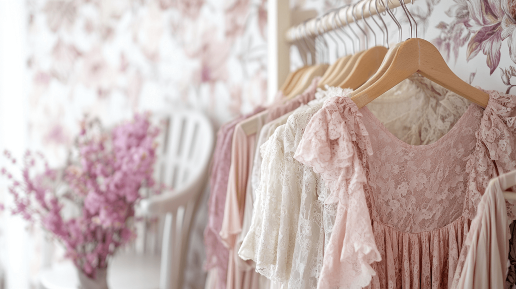 rack of blouses, tea party attire