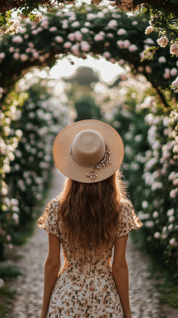 behind shot of a woman in a dress and wide brim hat in a garden