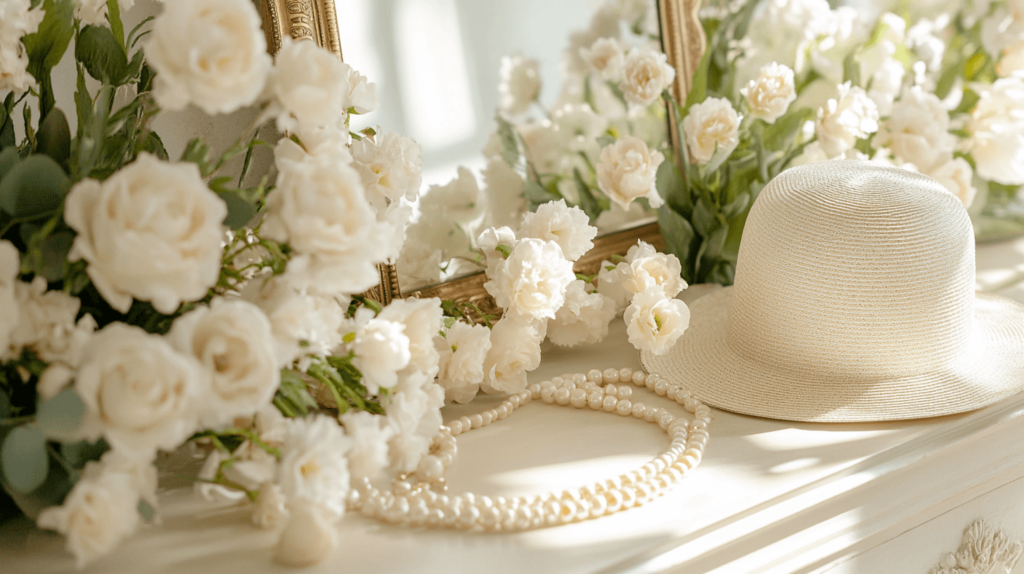 hat and pearls on the dresser