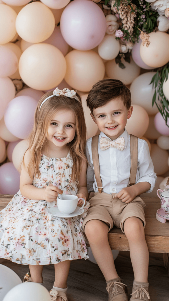 boy and girl sitting on a bench together with balloons behind them