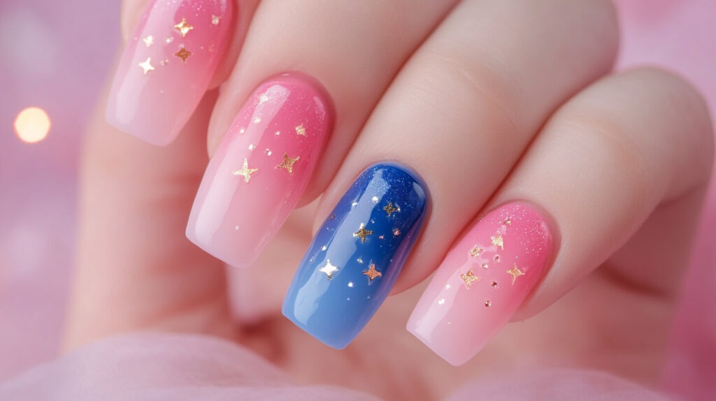 pink nails with sparkles, with one blue accent nail