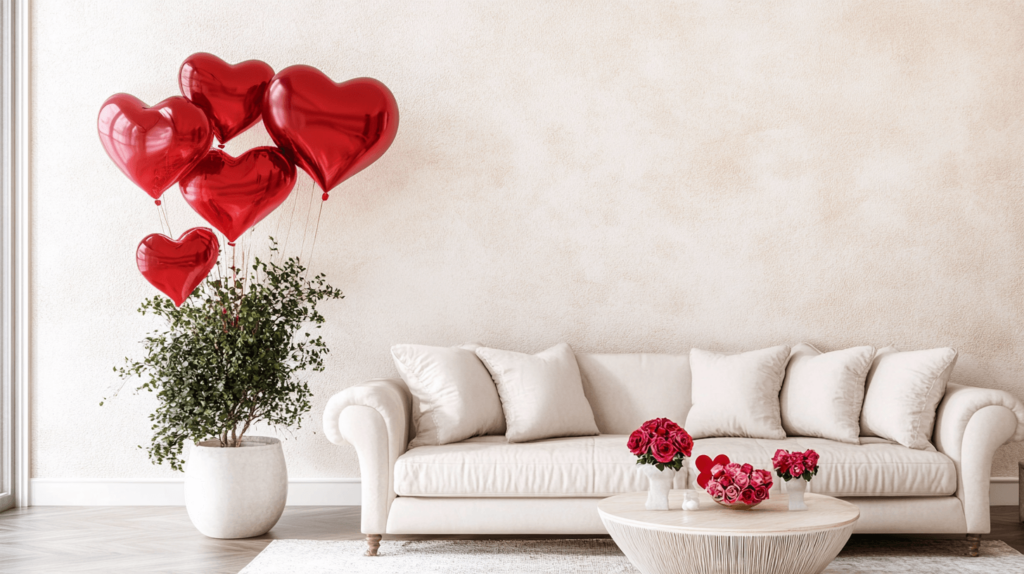 red heart balloons floating up from the indoor planter