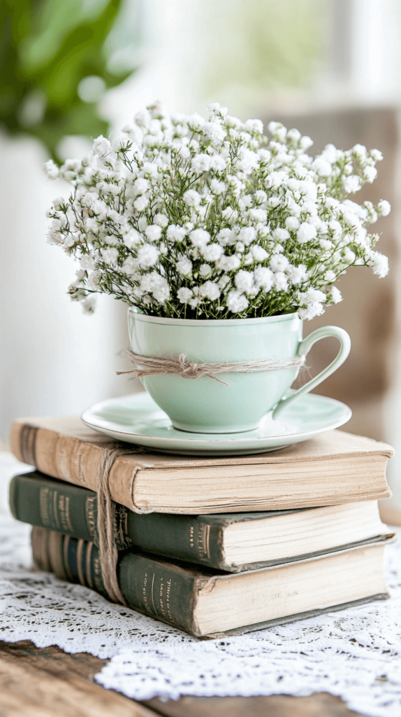 books stacked and tied with a burlap rope with baby's breath in a holder on top; tea party centerpieces