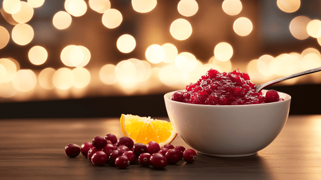 homemade cranberry sauce with orange wedge on the side of the bowl