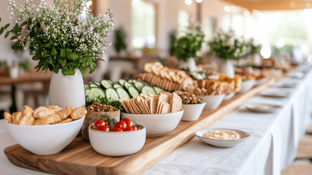 bowls of fingers food with floral decor