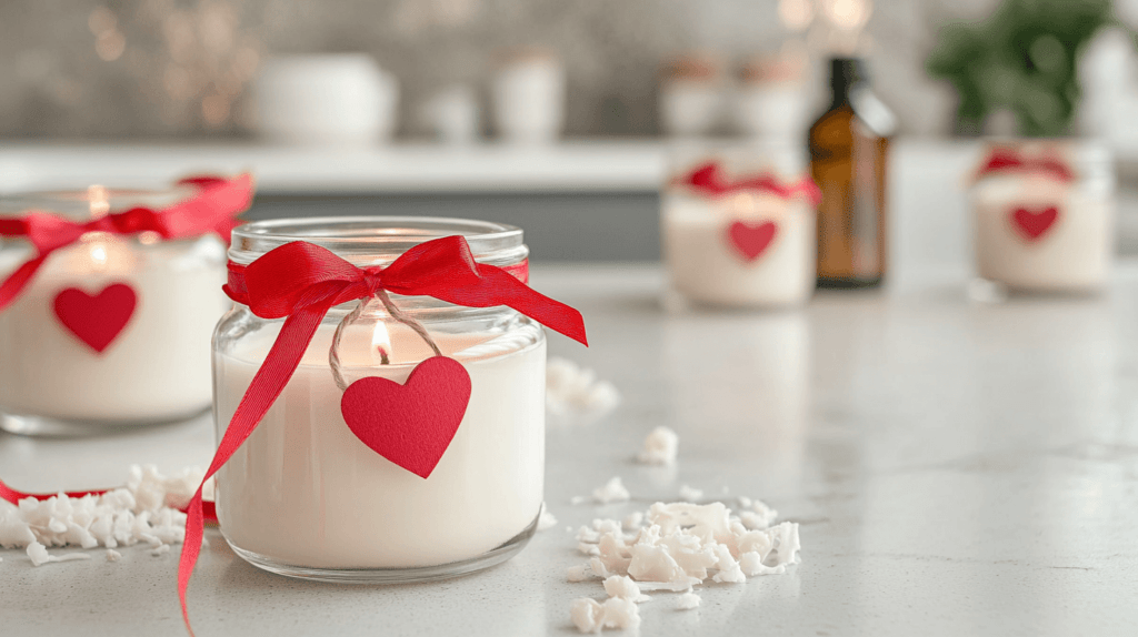 candles in jars with heart and red ribbon embellishments; Valentine crafts