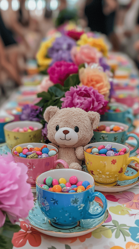 candy in tea cups with small teddy bear