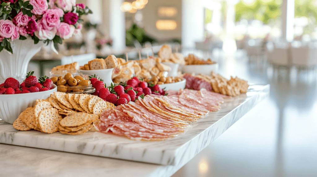 selection of foods focused around pink and neutral colors