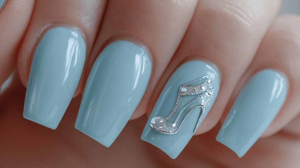 Cinderella blue manicure with one single nail having a silver high heel accent 