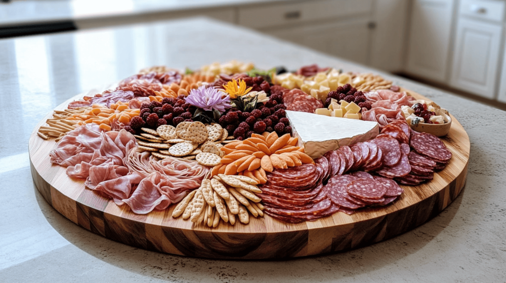 circular board of meats and cheeses