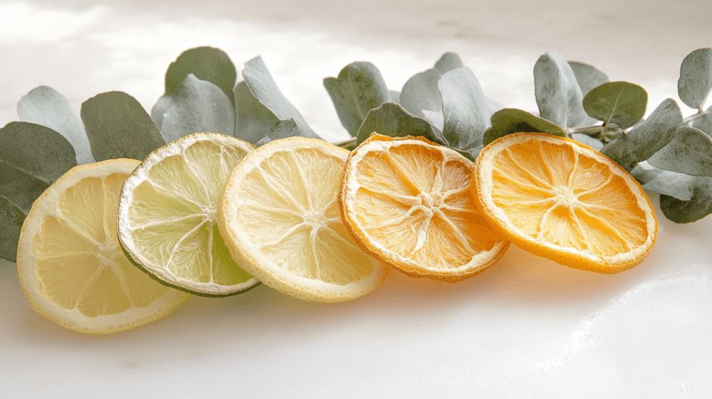 Line of dried citrus fruits with eucalyptus.