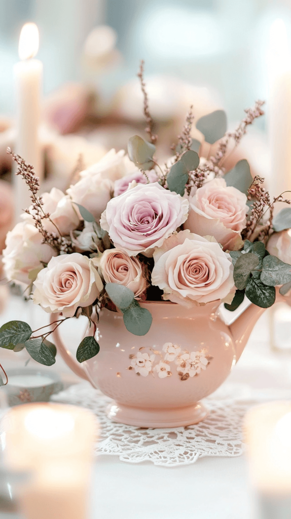 close-up of a pink tea pot with roses inside