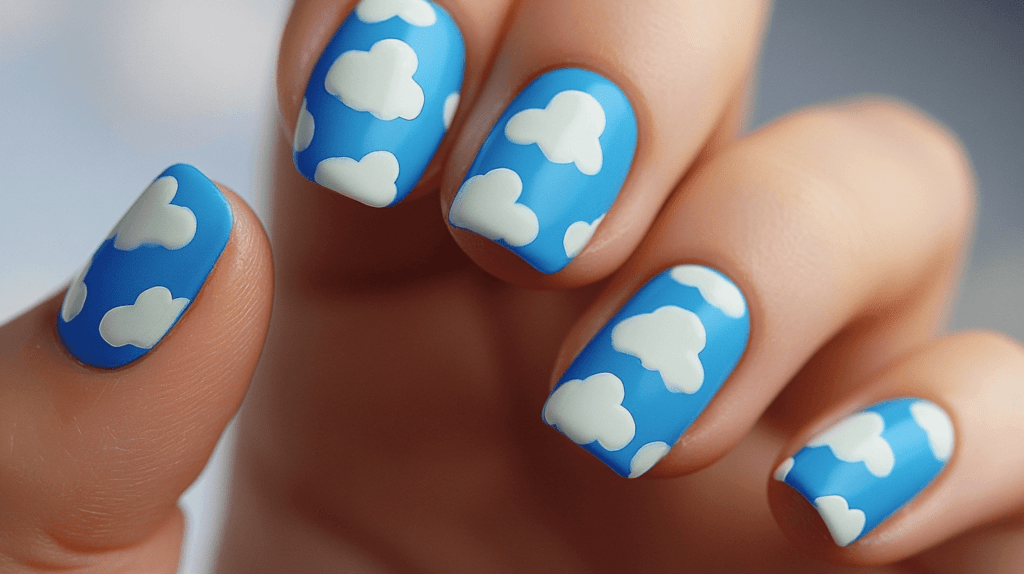 blue manicure with white cloud accents