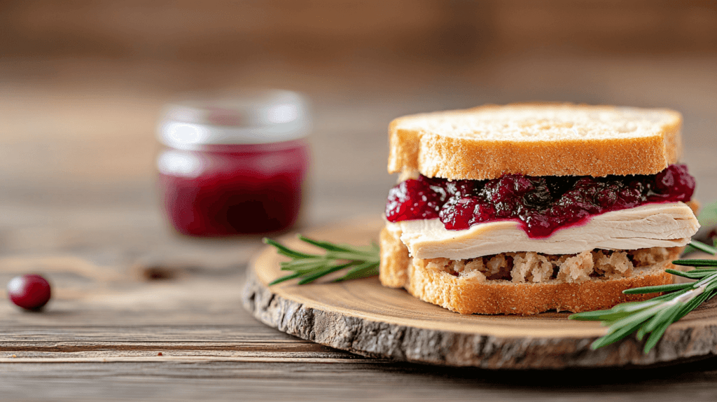 cranberry sauce on a turkey and stuffing sandwich