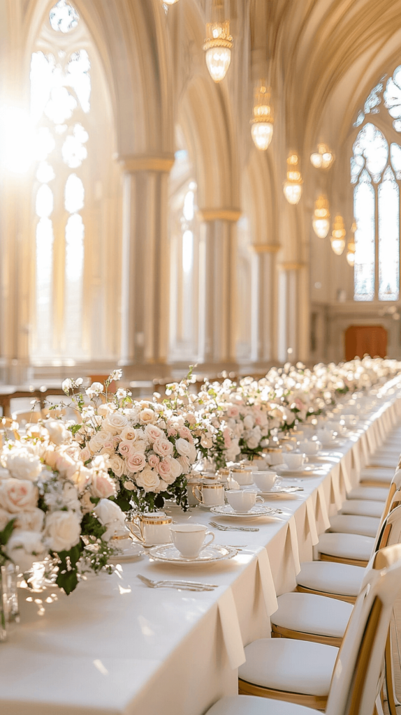 formal table with flowers and place settings; tea party decorations